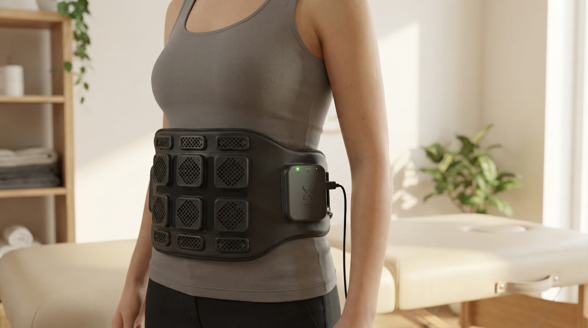 XenoBelt Lendengurt in Anwendung am Rumpf einer Patientin in einer hellen Physiotherapiepraxis